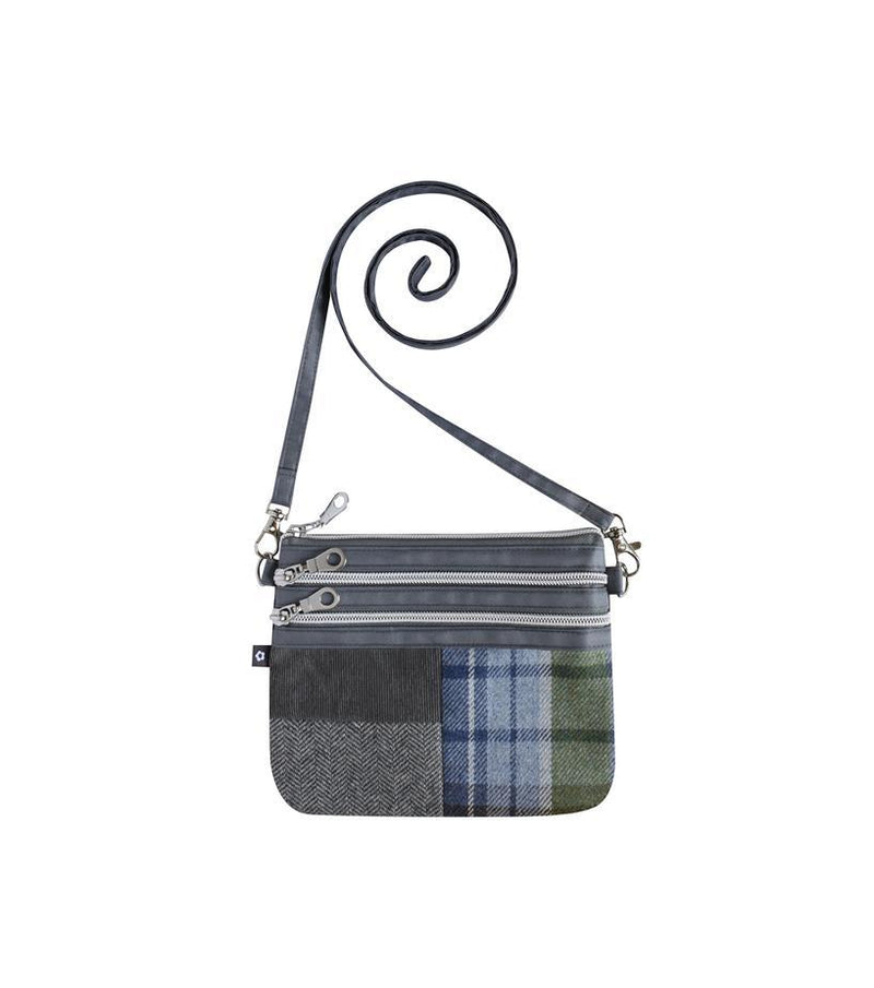 Earth Squared - 3 Zip Pouch Crossbody Bag - Patchwork Tweed Wool - Harbour - Grey/Blue/Green - 18.5x16cms