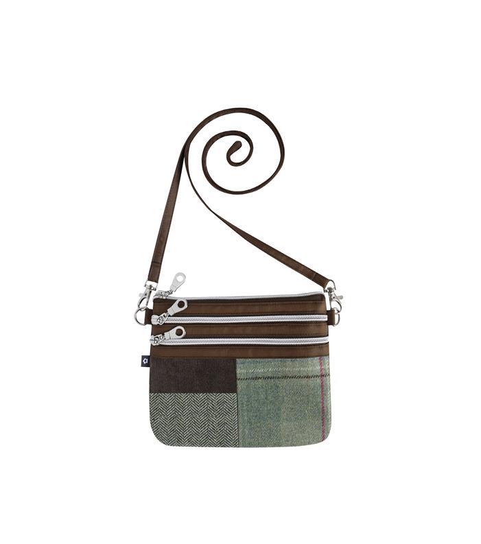 Earth Squared - 3 Zip Pouch Crossbody Bag - Patchwork Tweed Wool - Fenton - Brown/Green - 18.5x16cms