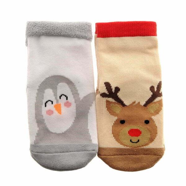 Christmas Reindeer & Penguin Baby Socks - 2 Pairs/Anti-Slip - 6-12 Months - Ziggle