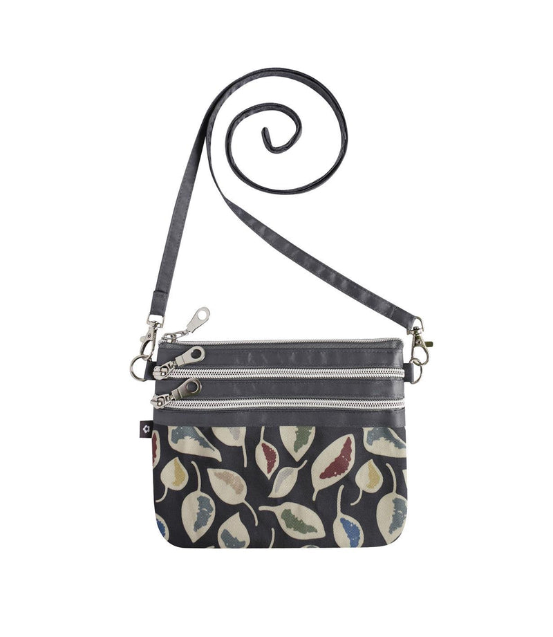 Earth Squared - 3 Zip Pouch Crossbody Bag - Oil Cloth - Berlin - Grey/Leaves - 19x15cms