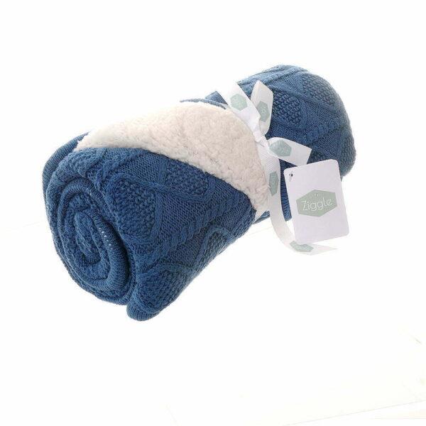 Dark Blue Cable Knit & Sherpa Fleece Blanket - 75 x 100cms - Ziggle