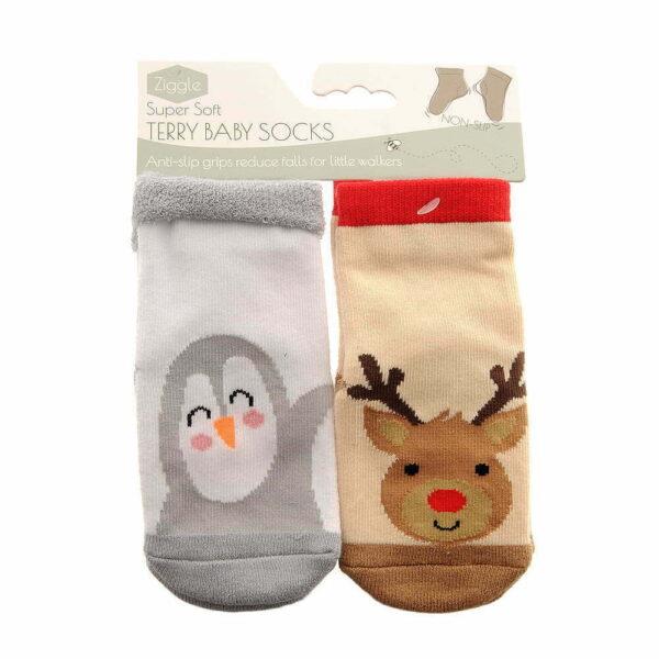 Christmas Reindeer & Penguin Baby Socks - 2 Pairs/Anti-Slip - 6-12 Months - Ziggle