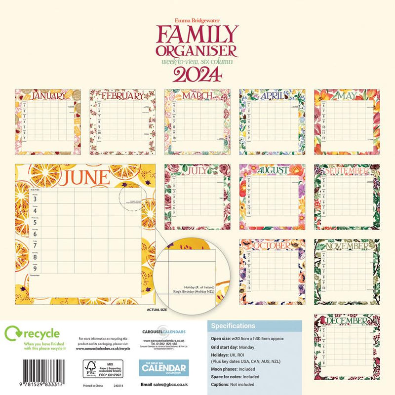 Emma Bridgewater - 2024 Week To View/6 Columns Wall Calendar - Tulips - Family Planner/Organiser