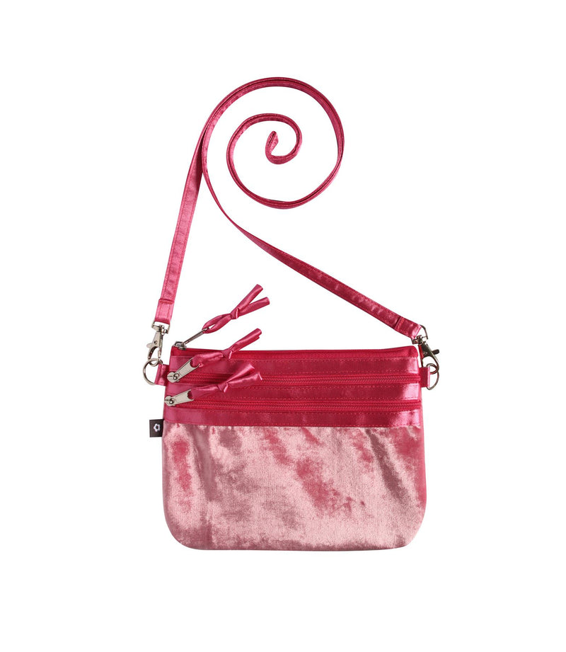 Earth Squared - 3 Zip Pouch Crossbody Silk Velvet Evening Bag - Pink - 19x15cms