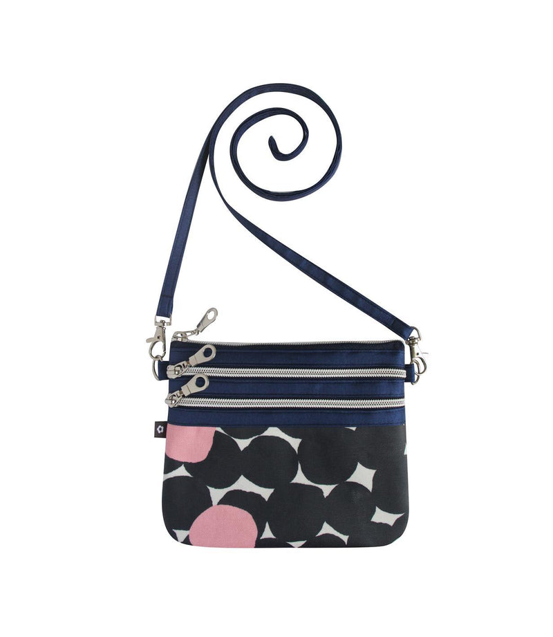 Earth Squared - 3 Zip Pouch Crossbody Bag - Oil Cloth - Florence - Navy Blue & Pink Blossom - 18.5x16cms