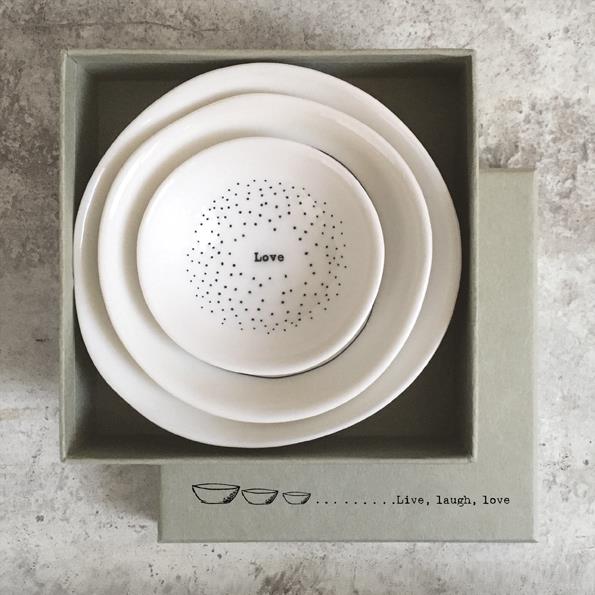 Boxed Trio of Porcelain Bowls - Live Laugh Love - East of India 11 x 11 x 4cms