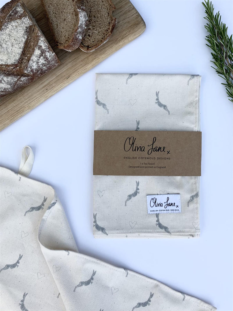 Olivia Jane Designs - 100% Cotton Tea Towel 50 x 70cms - Home Late Hare & Hearts