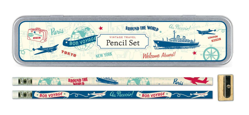 Cavallini - Tin of Pencils - Vintage Travel - 10 Pencils/2 Designs, & Sharpener