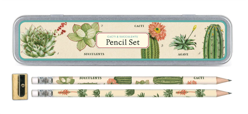Cavallini - Tin of Pencils - Succulents/Cactus/Cacti - 10 Pencils/2 Designs, & Sharpener