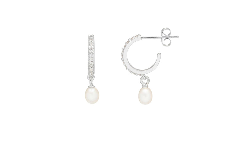 Pearl Drop Cubic Zirconia Hoop Earrings - Silver Plated - Estella Bartlett