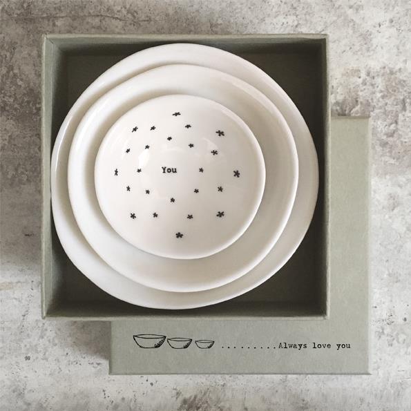 Boxed Trio of Porcelain Bowls - Always Love You - East of India 11 x 11 x 4cms