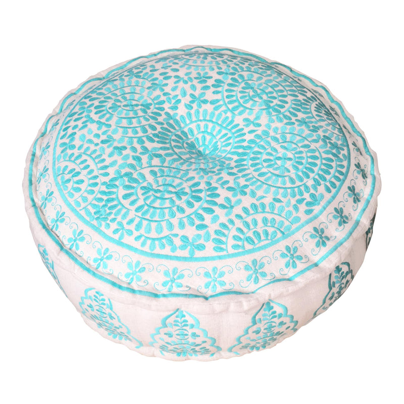 Bombay Duck - Nomad Embroidered Cotton Pouffe/Occasional Stool - Turquoise Blue - 60 x 20cms