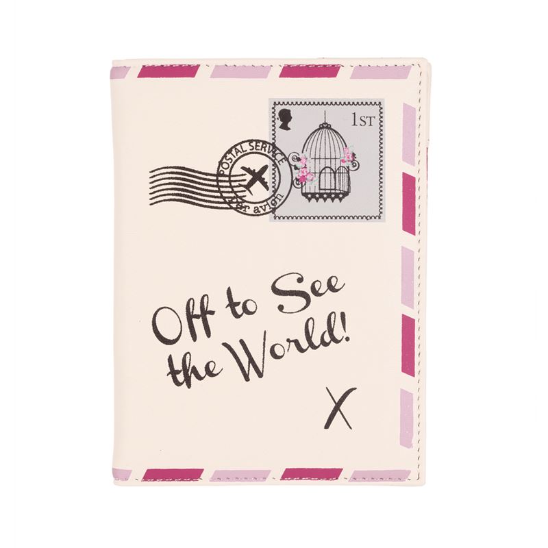 Bombay Duck - Vintage Letter - Off To See The World - Cream Passport Holder/Cover- Printed Faux Leather