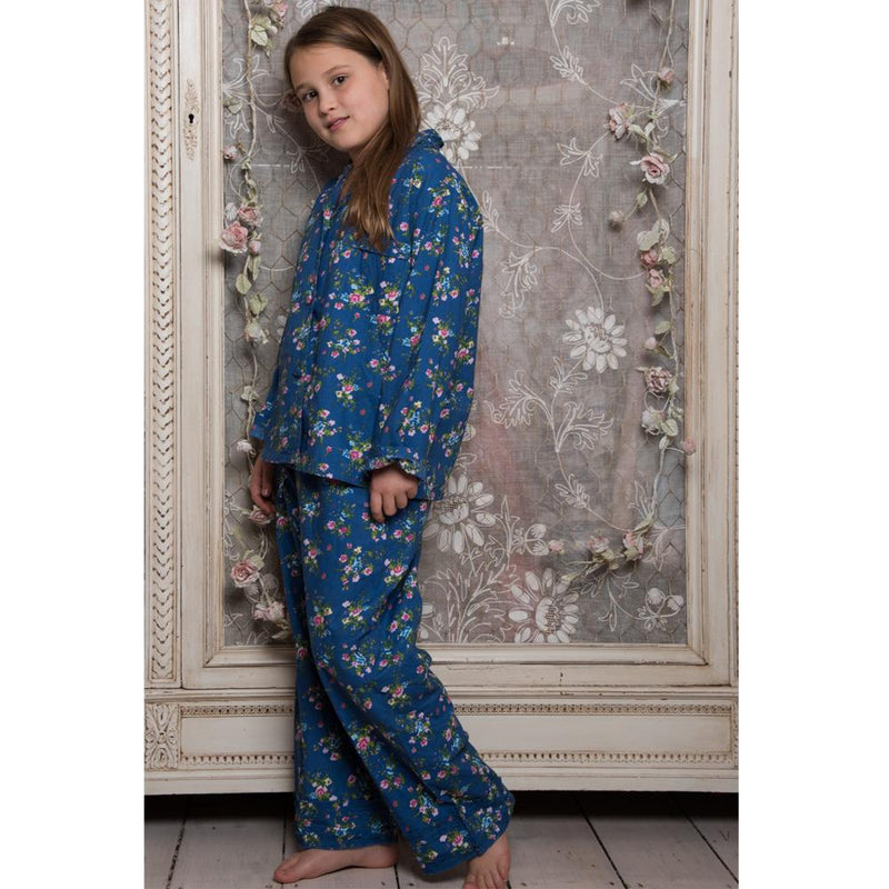 100% Cotton Longsleeve Pyjamas - Navy Blue Floral With Pink Flowers - Powell Craft - Age 4-5yrs