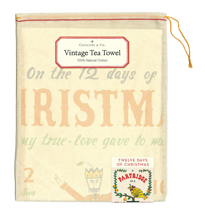 Cavallini - 100% Natural Cotton Vintage Tea Towel - 80 x 47cms - 12 Days Of Christmas