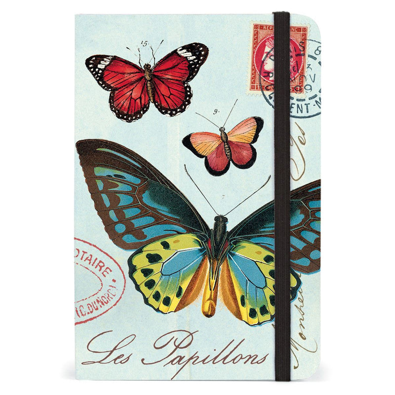 Cavallini - Small Lined Pocket Notebook 4x6ins - Les Papillions/Butterflies - 256 Pages With Elastic Enclosure