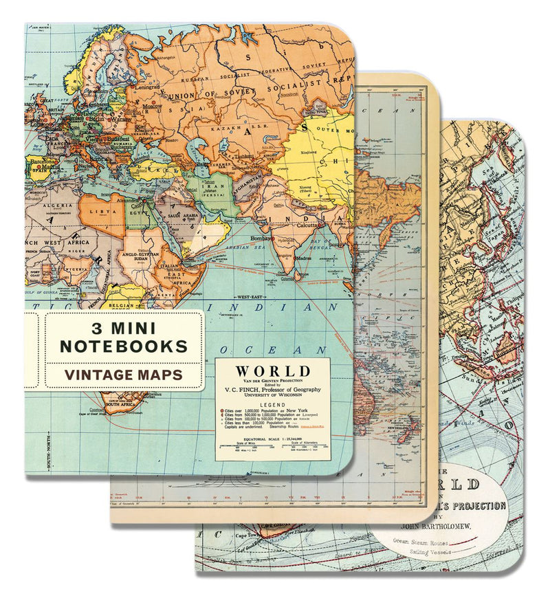 Cavallini - Set of 3 Mini Notebooks - Vintage World Maps