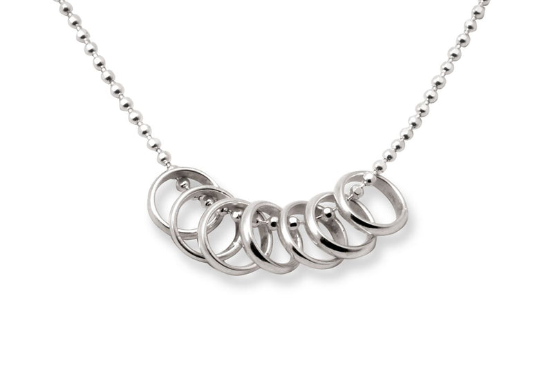 Sterling Silver Lucky Seven Rings Necklace - Tales From The Earth - Presented In Pale Blue Gift Box - Chain Length 45cm