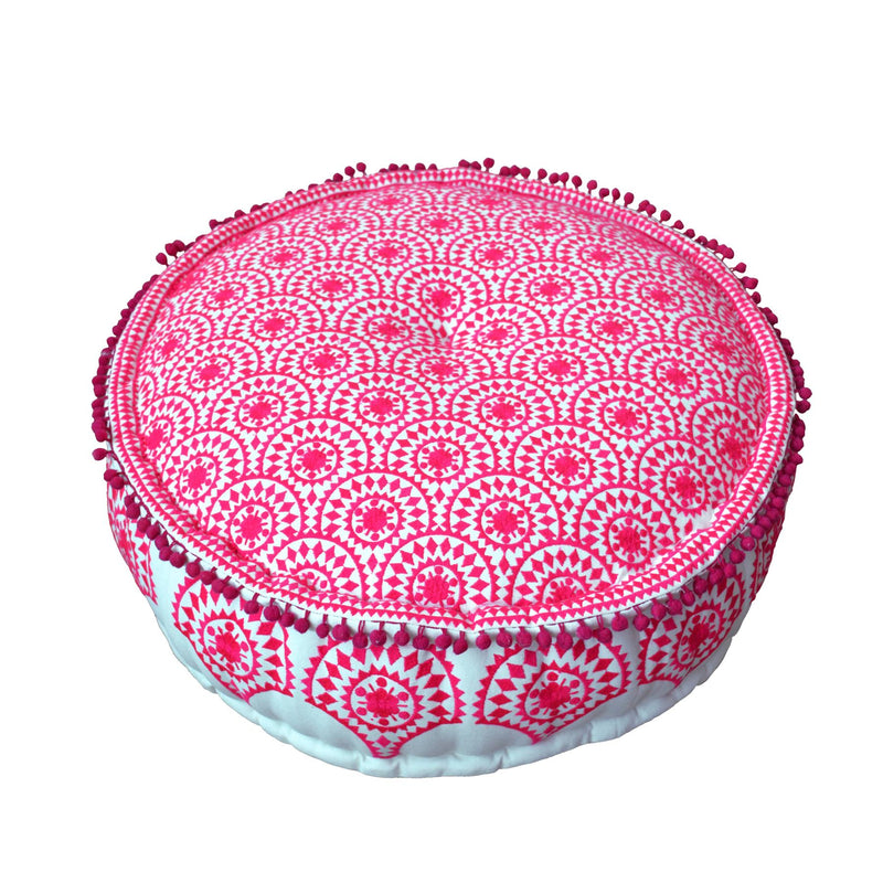 Bombay Duck - Casablanca Embroidered Cotton Pouffe/Occasional Stool - Fuschia Pink - 60 x 20cms