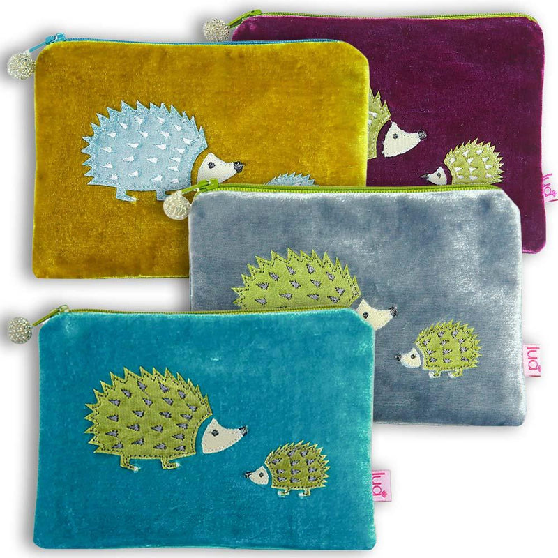 Lua - Velvet  Coin Purse With Embroidered Hedgehogs - 11 x 16cms - 4 Colour Options