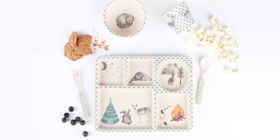 Love mae child's bamboo tableware with Forest Friends design