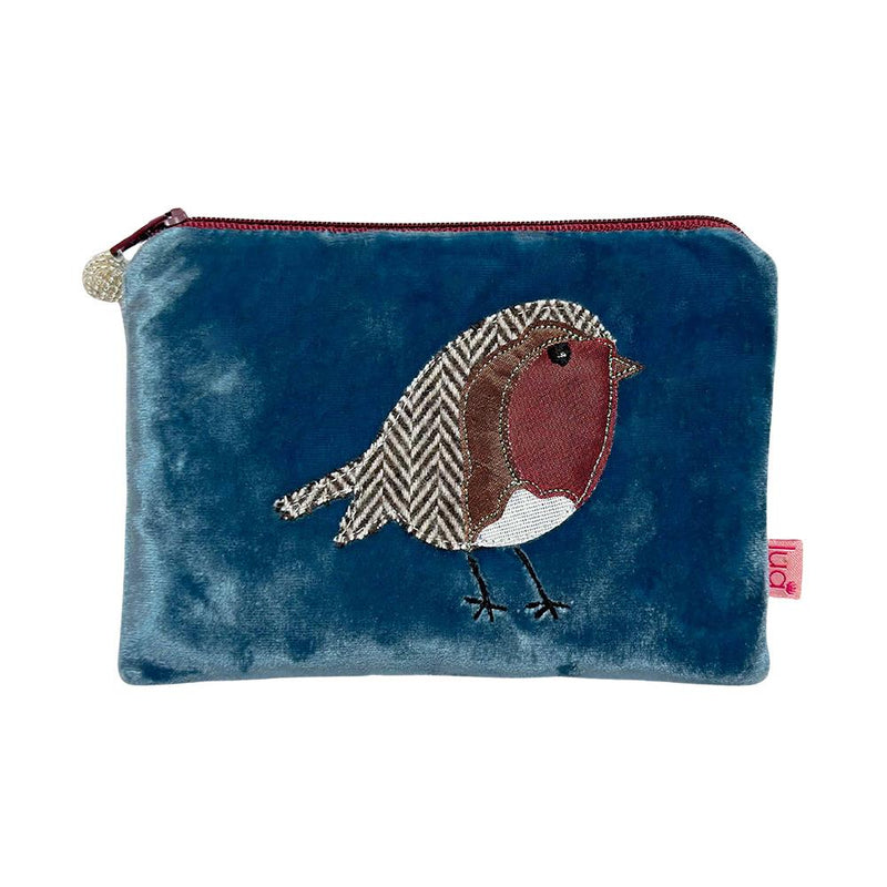 Lua - Velvet Coin Purse - Robin - Appliqued Bird - 11 x 16cms - Teal Blue