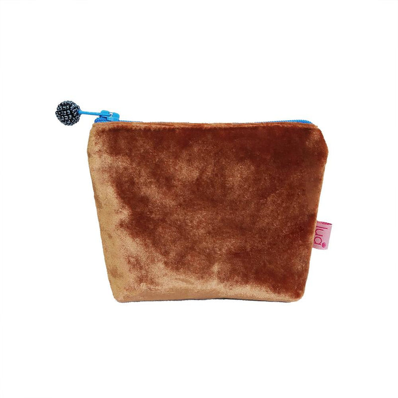 Lua - Velvet Mini Coin Purse  9 x 11cms - Rusty Orange/Blue Zip