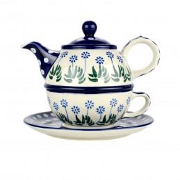 Tea Pot/Cup/Saucer - Tea Set For One - Daisies & Blue Spots - C01-0377EX - Polish Pottery