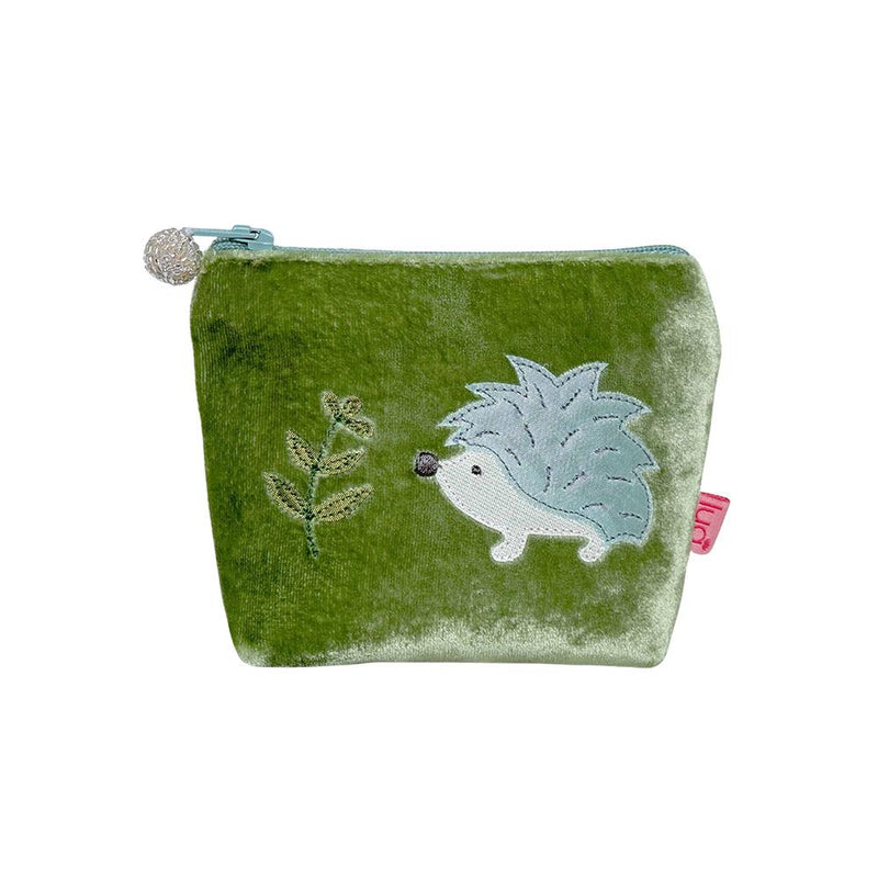 Lua - Velvet Mini Coin Purse  9 x 11cms - Appliqued Hedgehog - Olive Green/Turquoise Zip