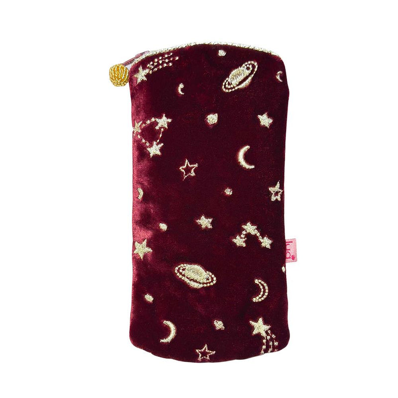 Lua - Velvet Spectacle/Glasses Case - Embroidered Moon & Stars - 10 x 20cms - Dark Red/Gold