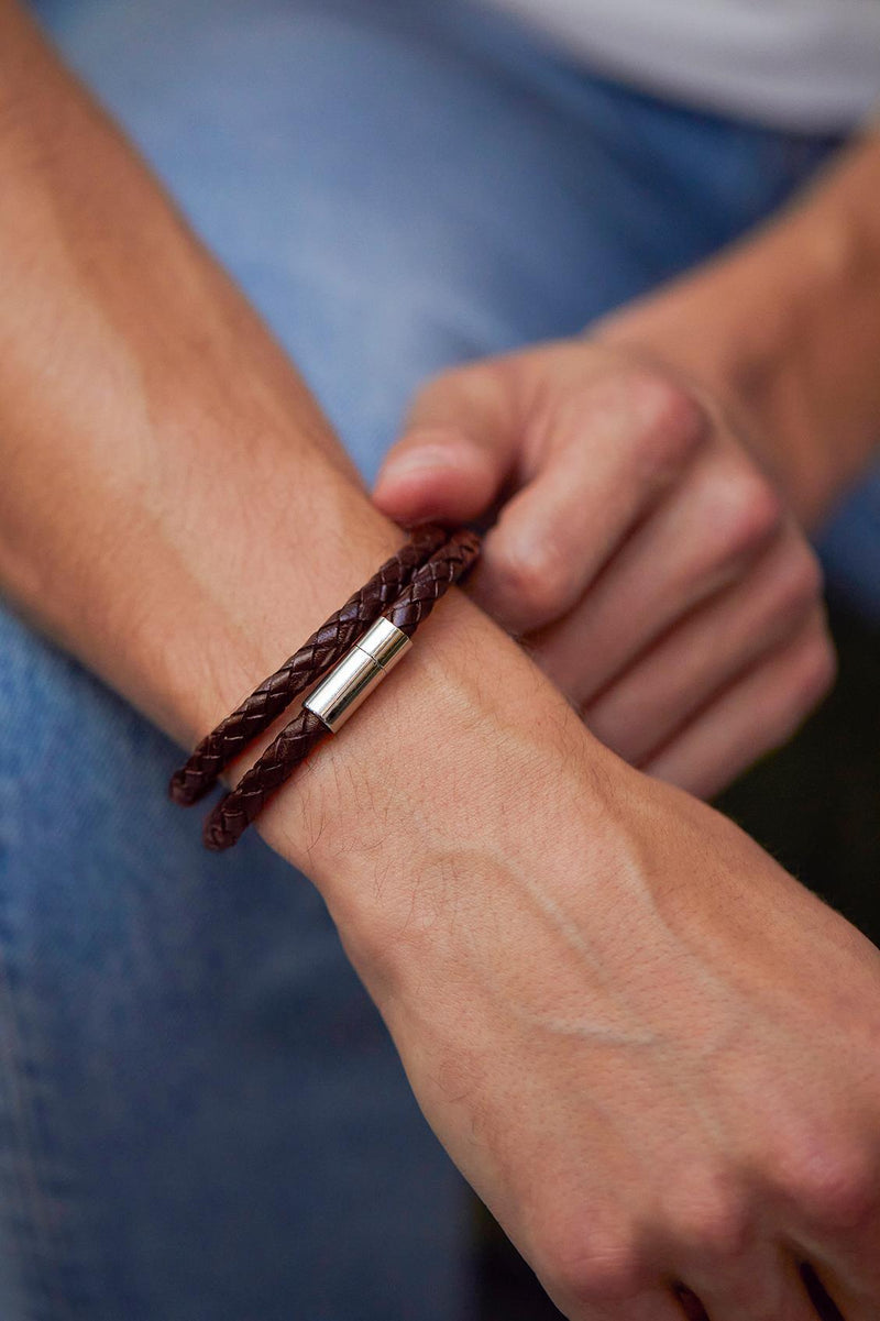Double Wrap Plaited Leather & Stainless Steel Bracelet - Brown - Gift Boxed - Bartlett For Men