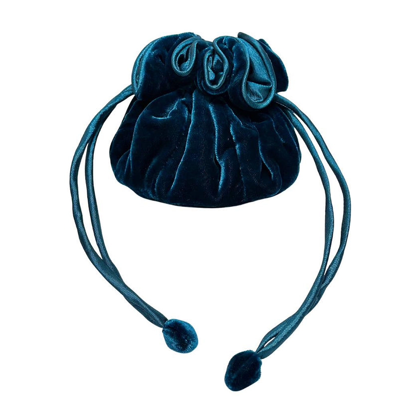 Lua - Round Velvet Draw-Pull Jewellery Pouch - Teal Blue - 12x9.5cms