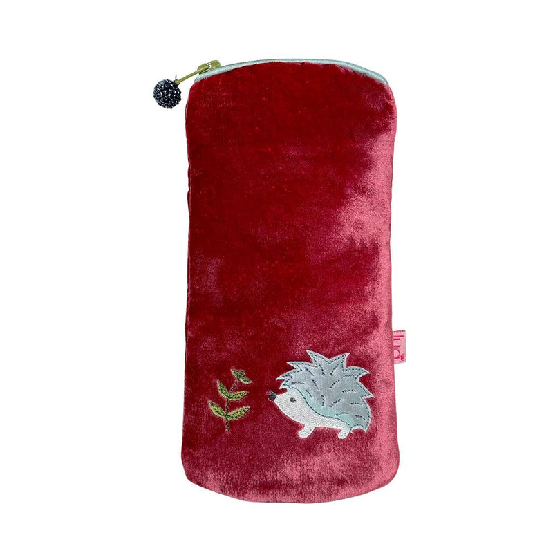 Lua - Velvet Spectacle/Glasses Case - Appliqued Hedgehog - 9.5 x 19cms - Dark Red/Green Zip