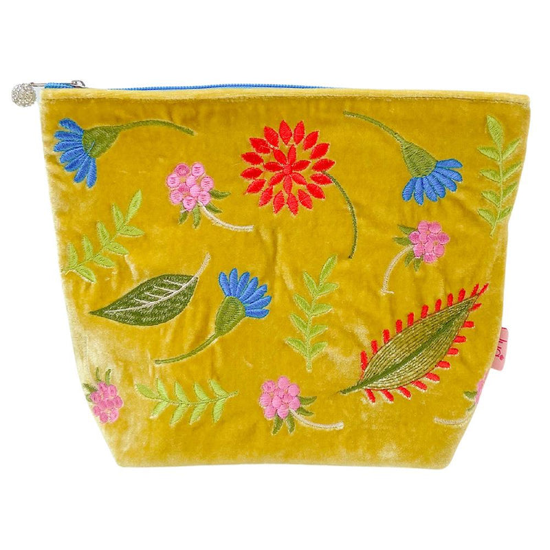 Lua - Large Velvet Cosmetic Make Up Bag/Purse - Folk Garden Flowers - 19 x 24cms - Yellow