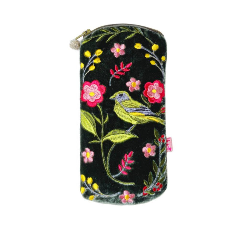 Lua - Velvet Spectacle/Glasses Case - Greenfinch Bird & Flowers - 9.5 x 19.5cms - Dark Sage Green