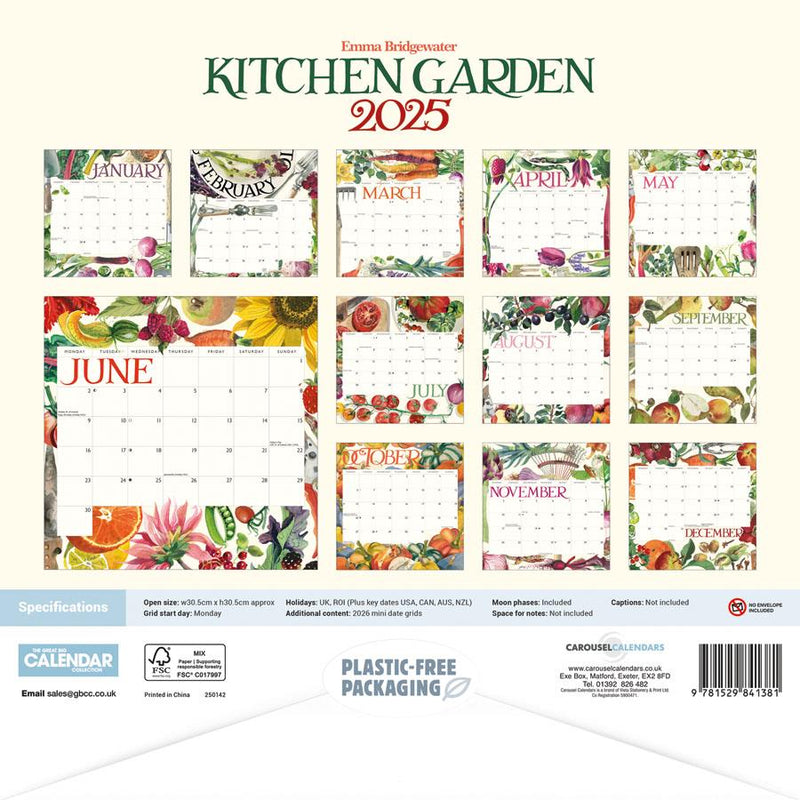 Emma Bridgewater - 2025 Wall Calendar - Month To View  - Kitchen Garden