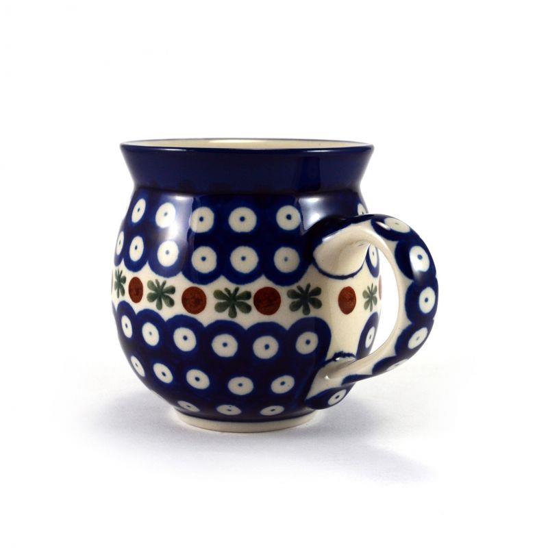 Medium Round Mug - Flower Tendril/Blue With Red & White Spots - 350ml - 0070-0070X - Polish Pottery