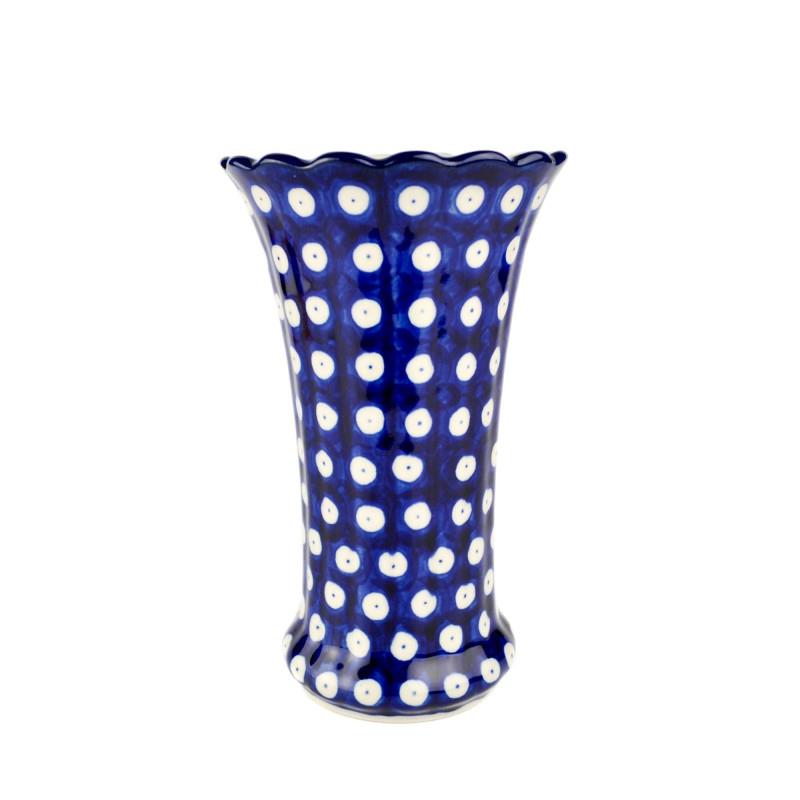 Flower Vase - Fluted/Frilled Top - Blue Eyes/Blue With White Spots - 17 x 10.5cms - 0050-0070AXX - Polish Pottery