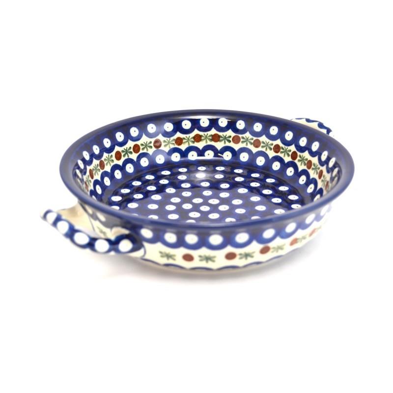 Round Oven Dish With Handles - Flower Tendril/Blue With Red & White Spots - 21.5cms - 0419-0070X - Polish Pottery