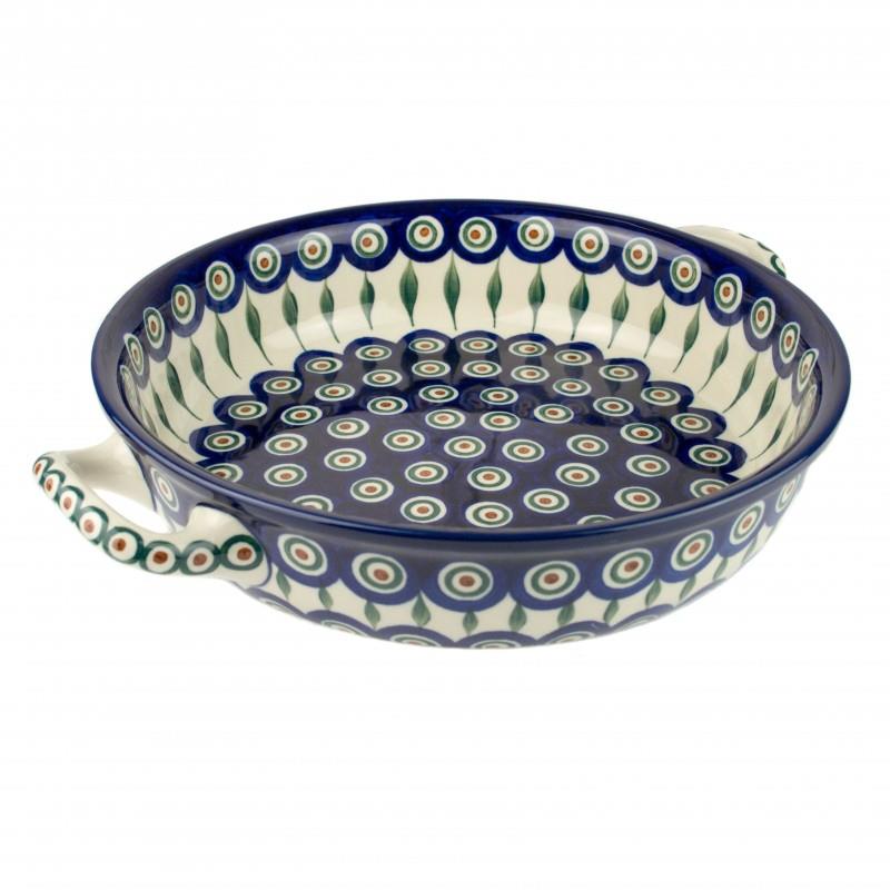 Round Oven Dish With Handles - Green, Red & White Spots - Peacock - 26cms - 0420-0054X - Polish Pottery