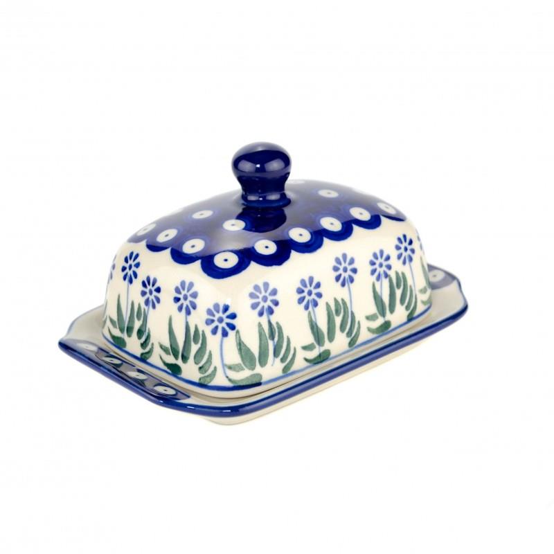 Small Butter Dish - Daisies & Blue Spots - A71-0377EX - 8 x 15 x 11cms - Polish Pottery