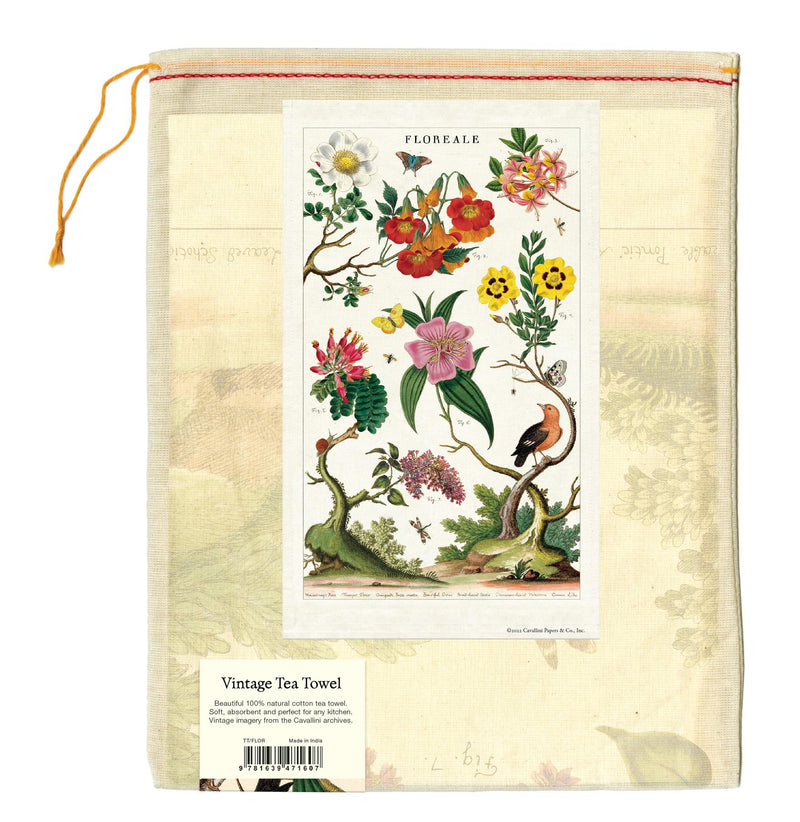 Cavallini - 100% Natural Cotton Vintage Tea Towel - 80 x 47cms - Floreale/Flora