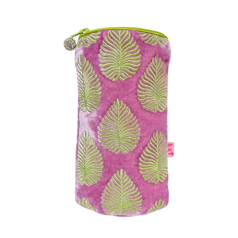 Lua - Velvet Spectacle/Glasses Case - Embroidered Leaf - 9.5 x 19cms - Lilac Pink/Green Leaves