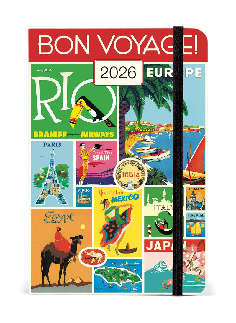 Cavallini 2026 Diary - Bon Voyage/Travel - 4x6ins - Week At A Glance Layout - Elastic Enclosure