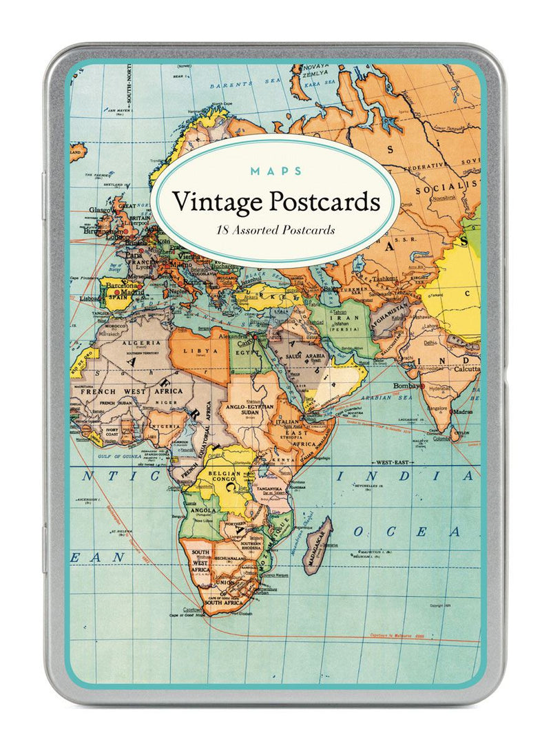 Cavallini - Carte Postale - Vintage Maps - Tin of 18 Postcards - 9 Designs/2 Per Design