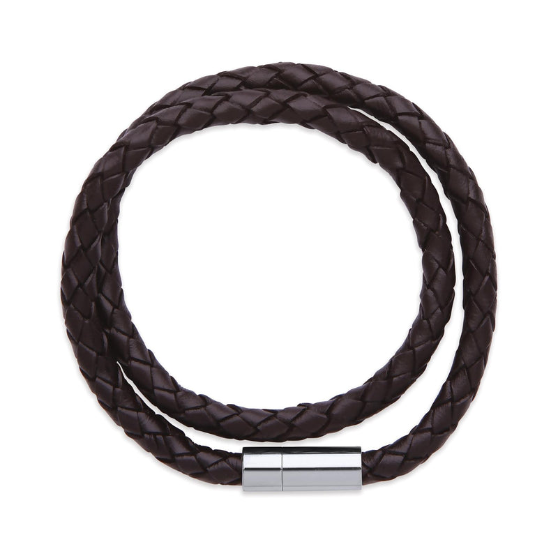Double Wrap Plaited Leather & Stainless Steel Bracelet - Brown - Gift Boxed - Bartlett For Men