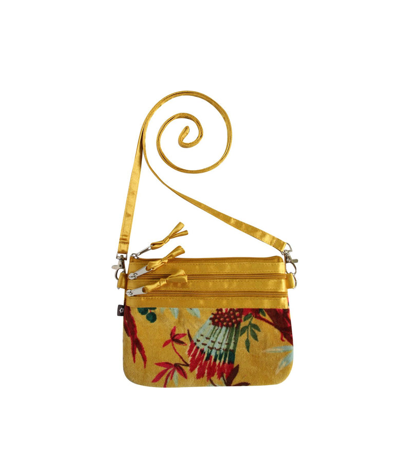 Earth Squared - 3 Zip Pouch Crossbody Eden Velvet Evening Bag - Mustard Yellow Botanical - 19x15cms