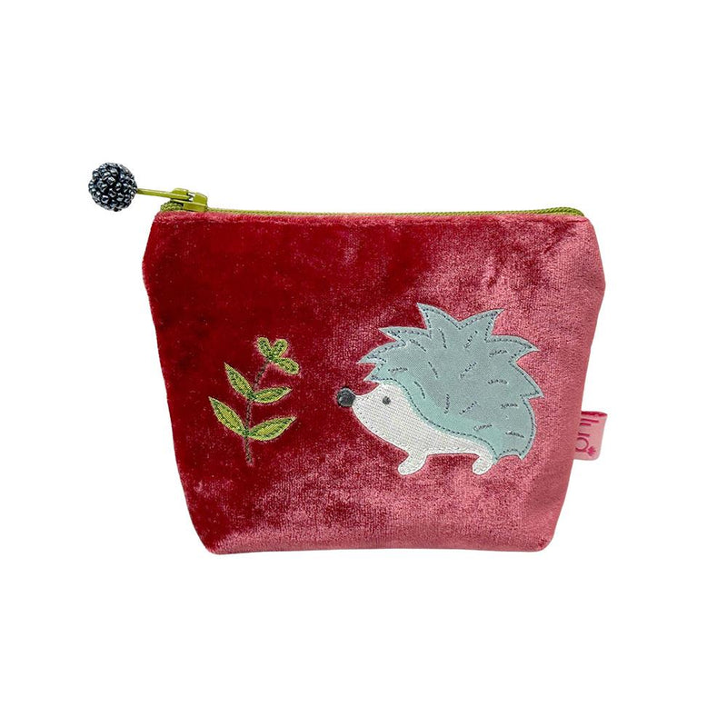 Lua - Velvet Mini Coin Purse  9 x 11cms - Appliqued Hedgehog - Dark Red/Green Zip