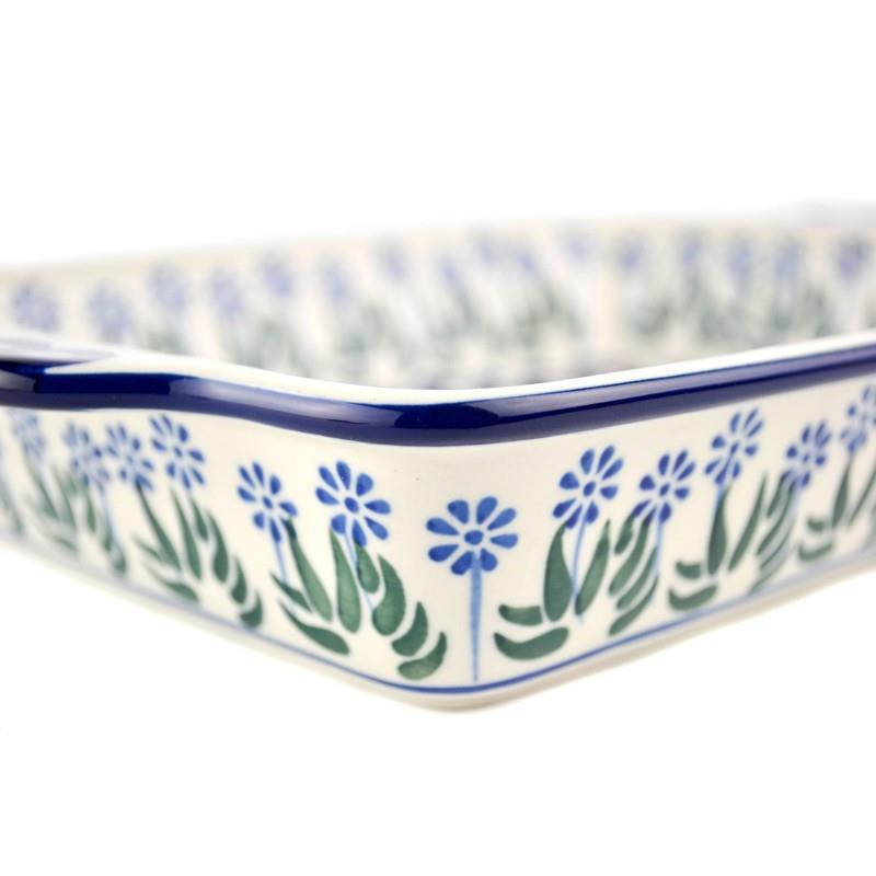 Oven Dish With Handles - Daisies & Blue Spots - 16.5 x 21 x 5cms - A39-0377EX - Polish Pottery