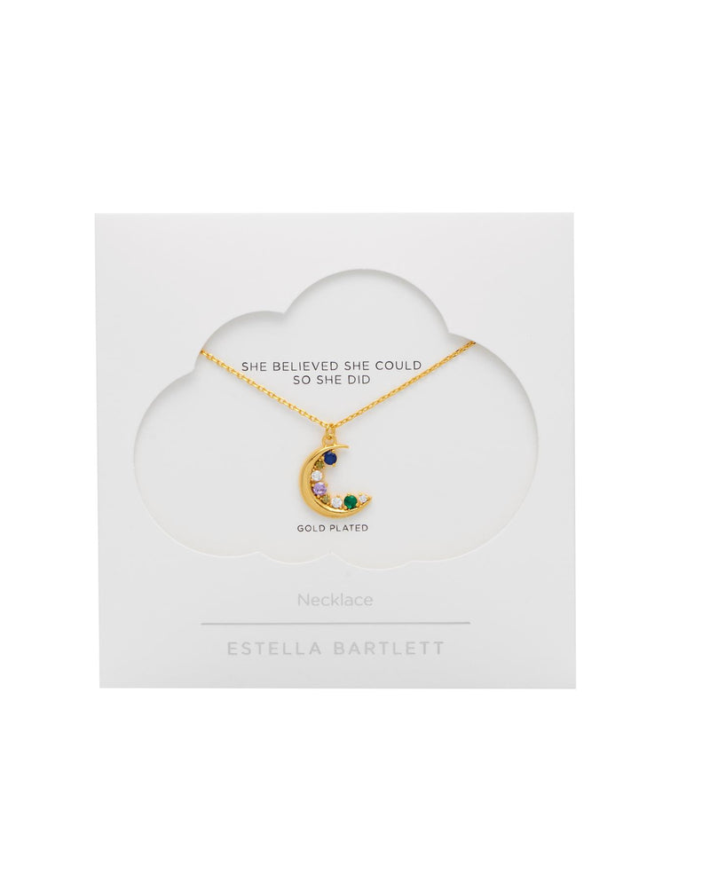 Multi-Coloured Cubic Zirconia Moon Necklace - Gold Plated - She Believed She Could So She Did - Estella Bartlett